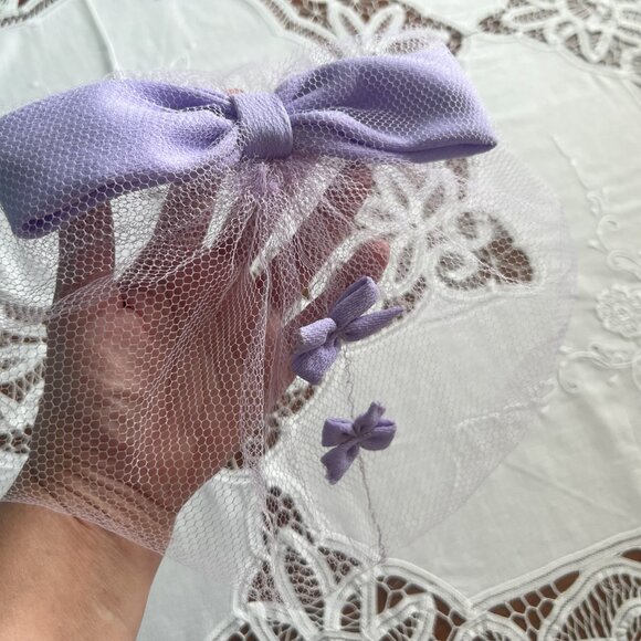 Vintage 60s Purple Fascinator Mesh Netting Hair Bows Pastel Mauve Hairnet Rockab - Picture 2 of 10